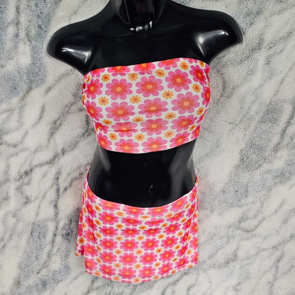 Dolls Kill Small Pink Orange Floral Mesh Lined Crop Tube Top Mini Skirt Set